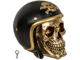 Pokladnička zlatá lebka s motorkárskou prilbou